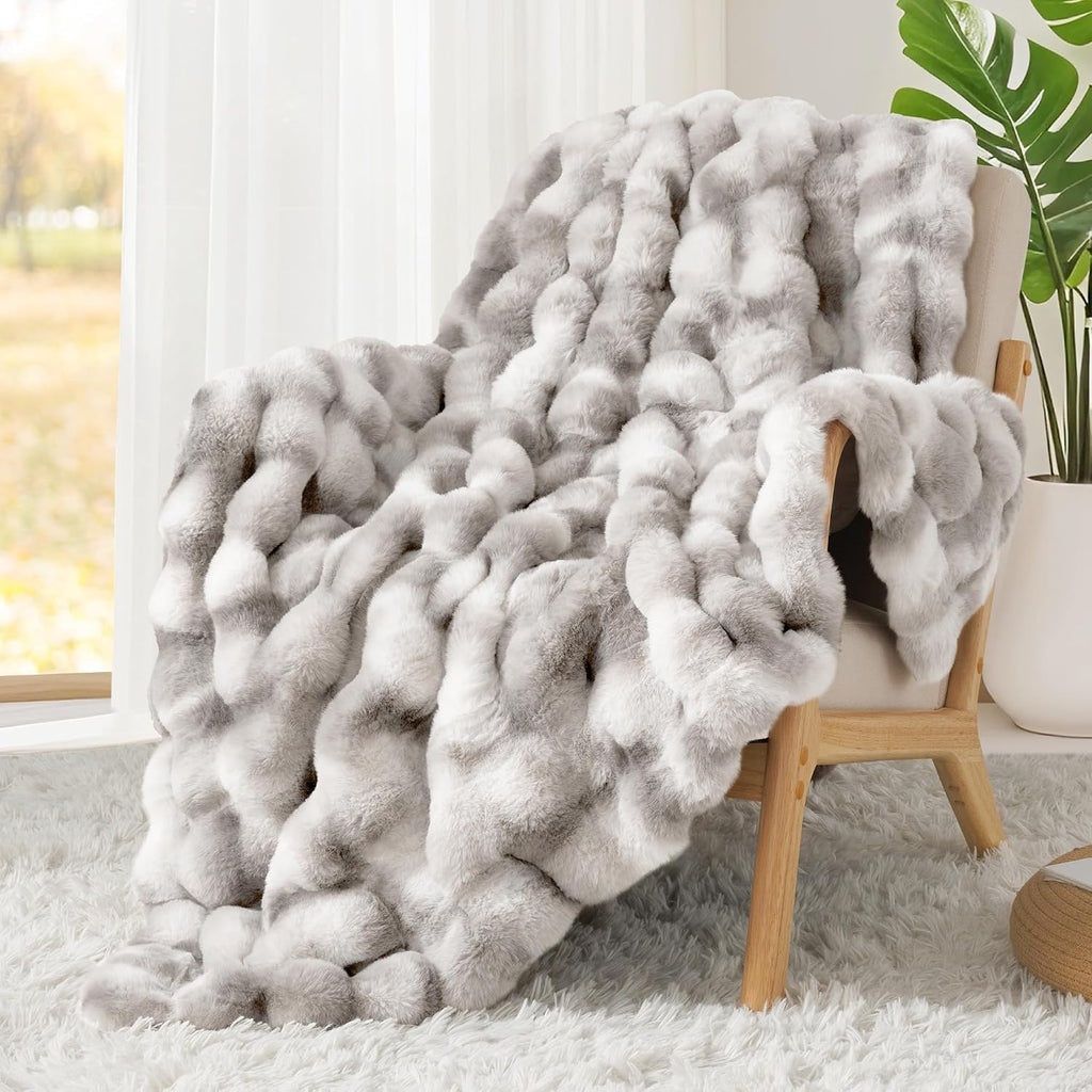 1000GSM Faux Rabbit Fur Throw Blanket, Super Heavy Warm Cozy Grey Blankets for Couch Bed Sofa, Ruched Plush Fuzzy