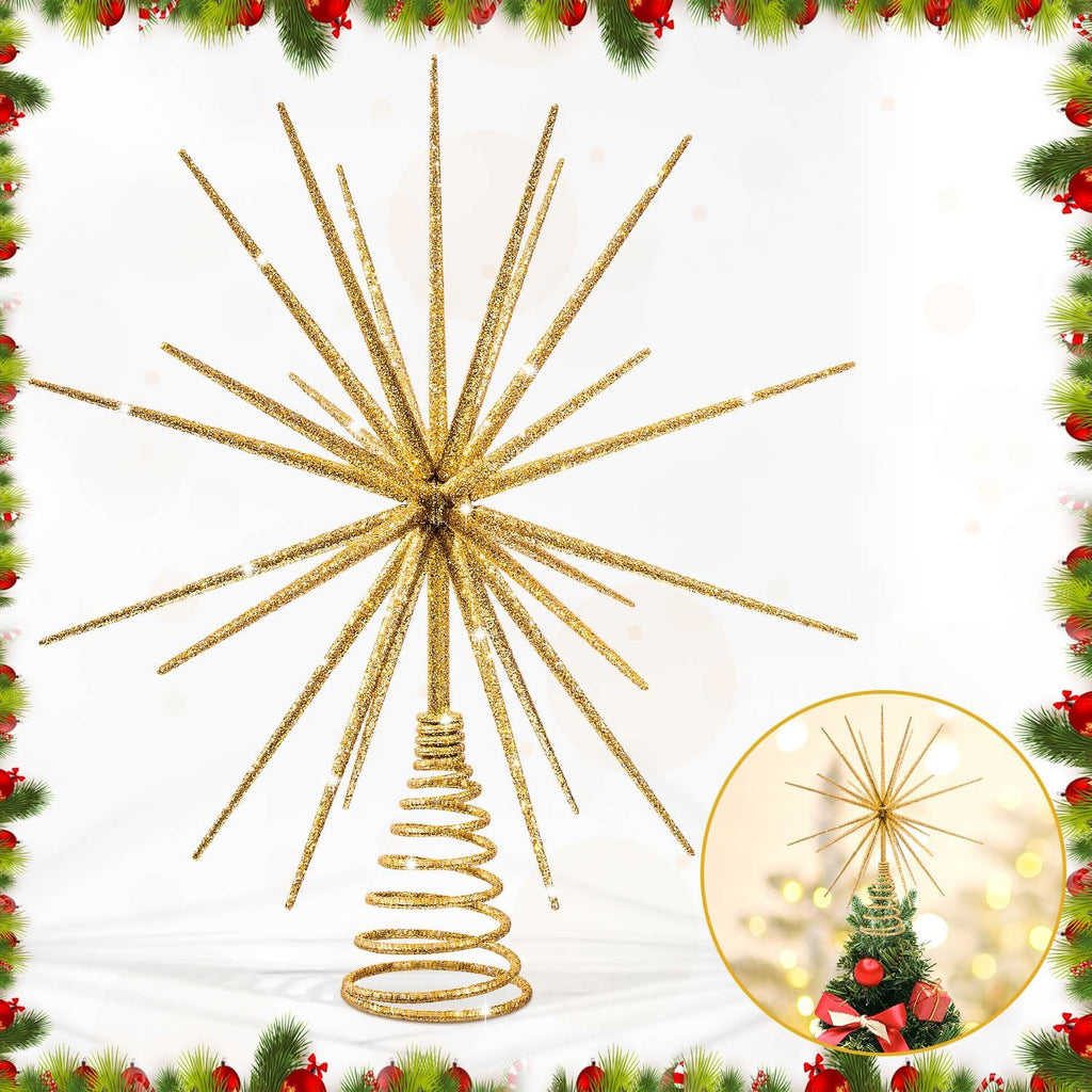 13.7 Inch Gold Christmas Tree Topper - 3D Burst Gold Tree Topper, Exploding Star Christmas Tree New Year Holiday Tree