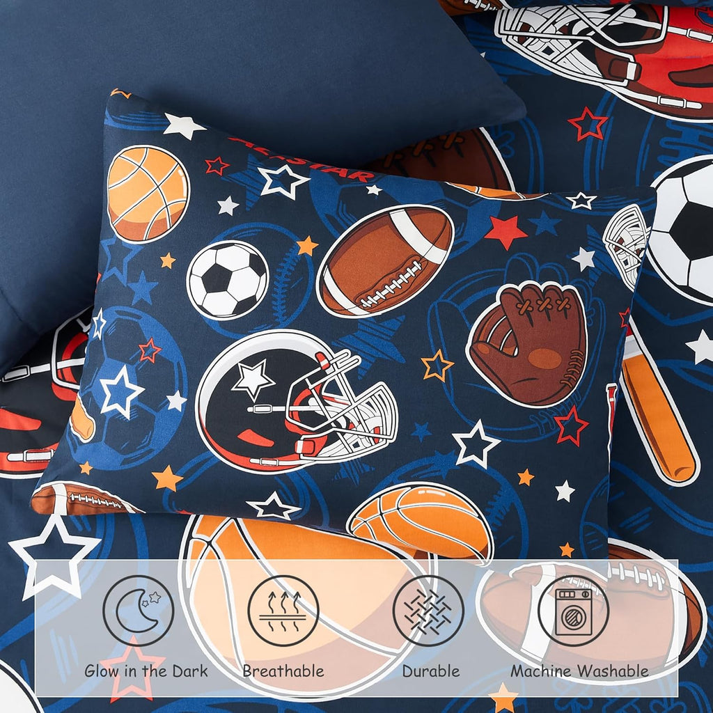 Twin Comforter Set for Boys-5 Pieces Sports Ball Games Glow in the Dark Twin Bedding Sets for Kids, Soft Bed in A Bag