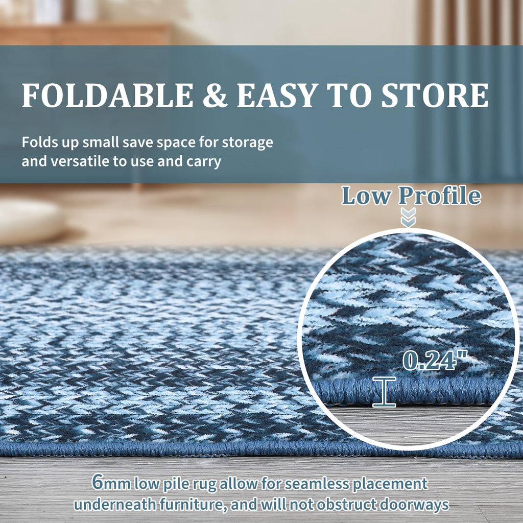 Area Rug Braided Print Washable Non Slip Rugs Rustic Coastal Low Pile Floor Carpet, Stain Resistant &