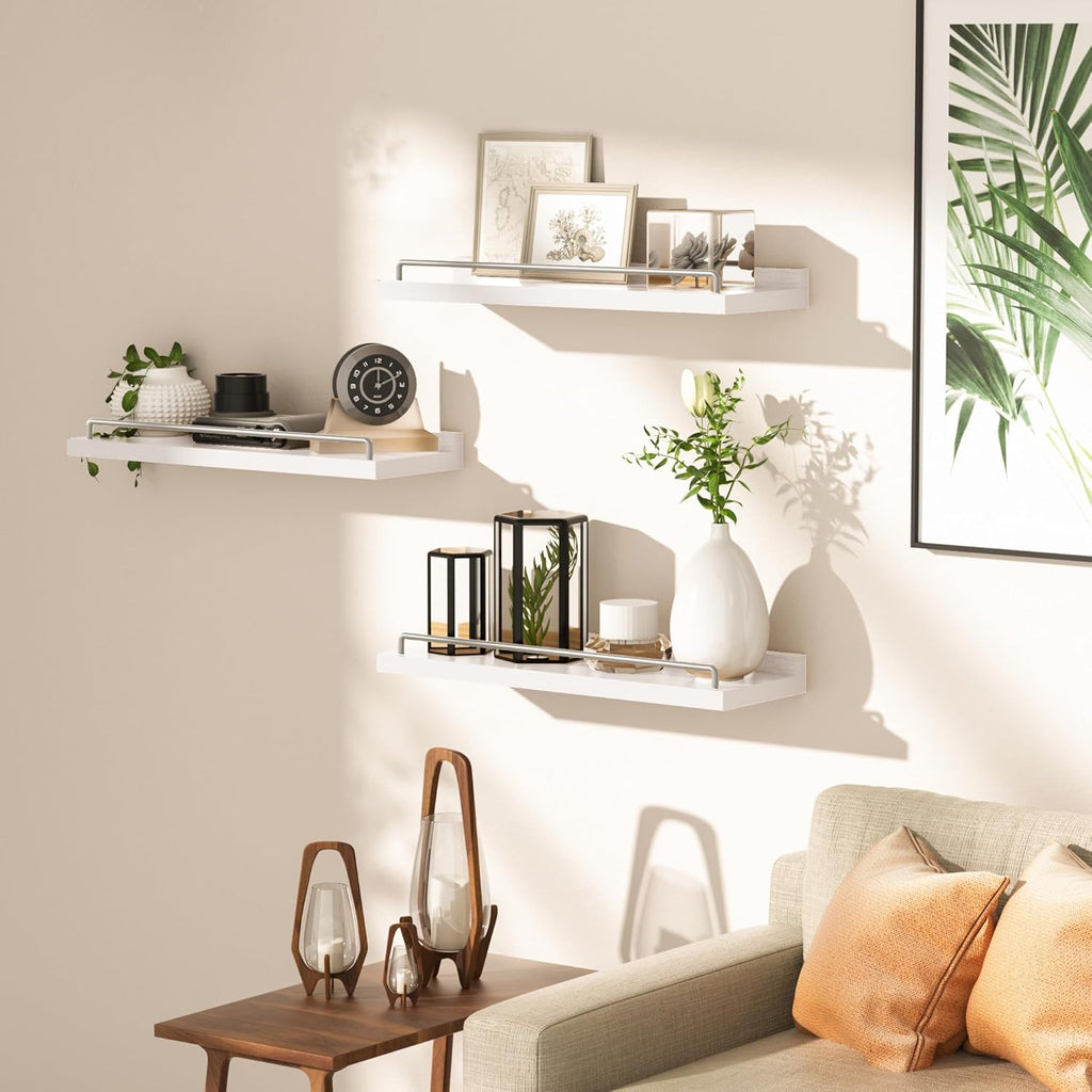Floating Shelves for Wall Decor, White and Grey Shelves , Picture Frames, Plants, Kitchen (Set of 3)