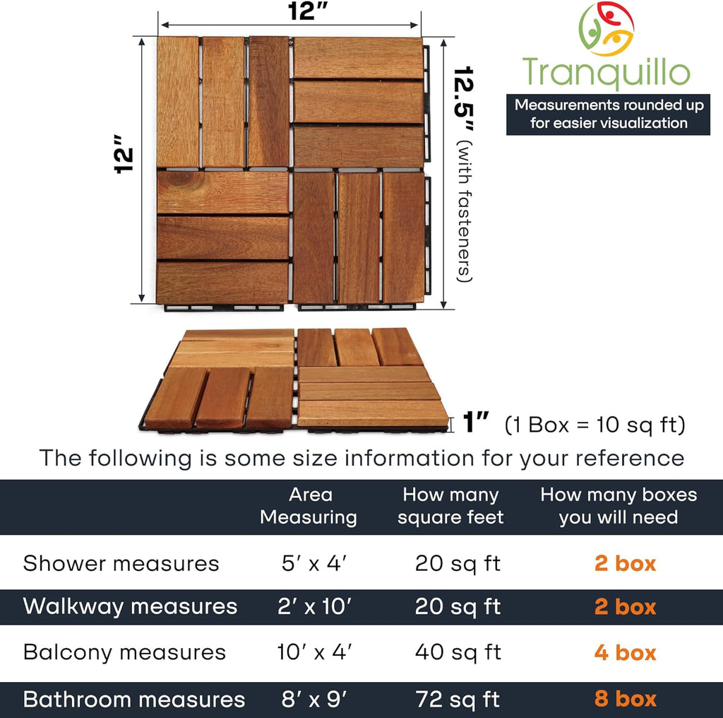 Interlocking Deck Tiles 12”x12”, Acacia Wood Patio Tiles, Waterproof Flooring Tiles for Indoor and Outdoor - Non-Slip