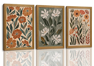 3 Piece Framed Floral Wall Art Mid Century Canvas Prints Boho Picture Decor