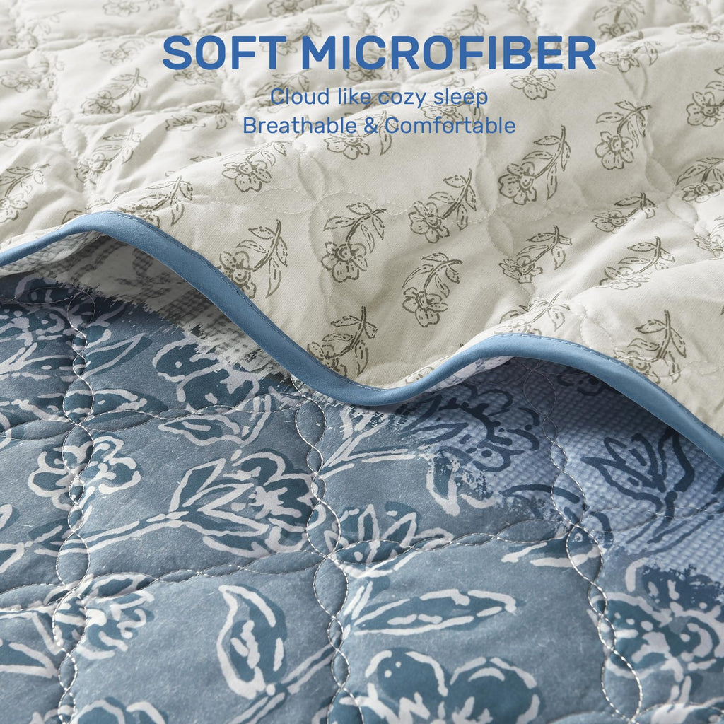Blue Quilt Set, Reversible Floral Patchwork Bedspread