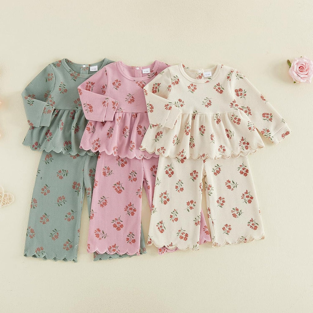 Toddler Girl Fall Winter Clothes Waffle Knit Outfits Floral Long Sleeve Scalloped Shirt Pants Baby Kids Clothing Set