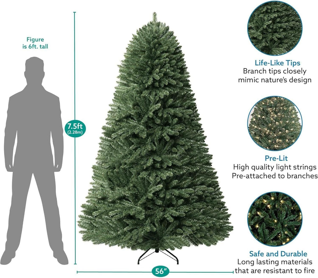 Prague 7.5ft Prelit Artificial Christmas Tree with Foot Pedal, 1717 Branch Tips, 550 Warm Lights and Metal Stand, 56"