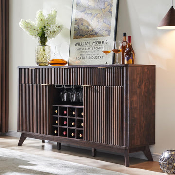 60" Fluted Wine Bar Cabinet, Mid-Century Modern Sideboard, Dark Walnut | 3 Spacious Drawers, 3 Stemware Racks, 12
