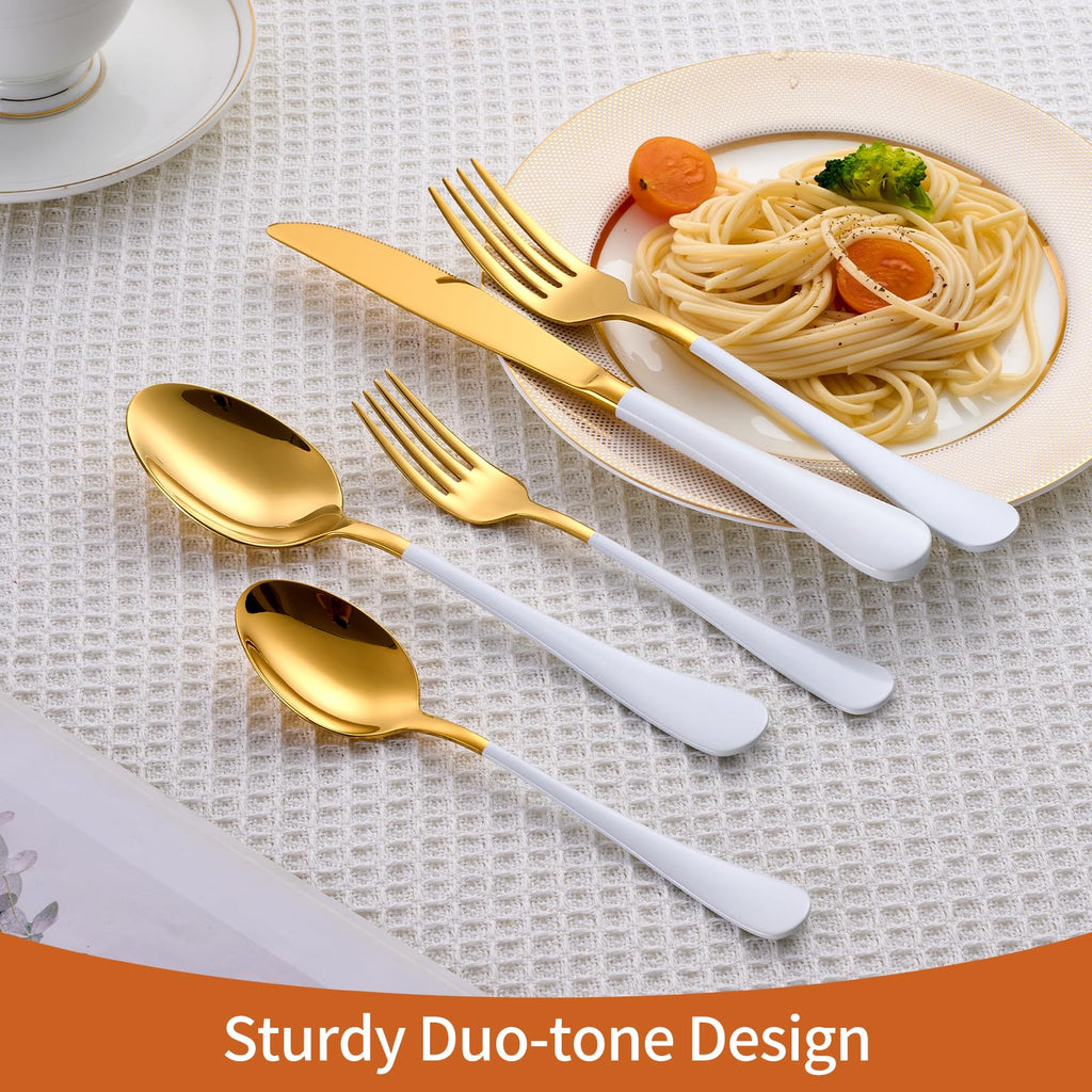 20 Piece Gold and White 18/0 Flatware Utensil Set for 4, Include Dinner Knife, Dinner Forks, Dinner Spoons, Salad