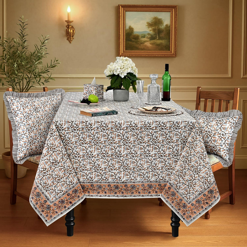 Brown Meadow Vine Hand Block Print Rectangle Tablecloth 108x70 Inch
