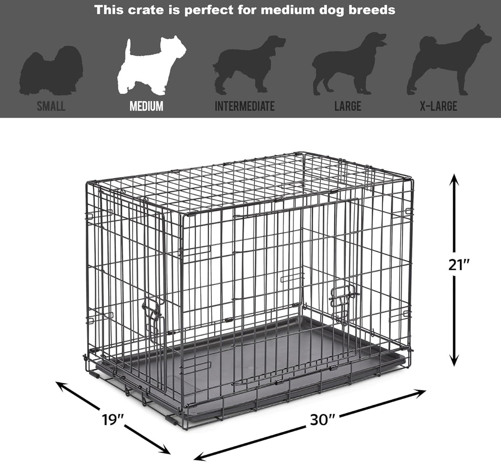 30-Inch New World Crate for Medium Breeds, 21-40 lbs, Double Door Folding Dog Crate, Leak-Proof Tray & Secure Latches