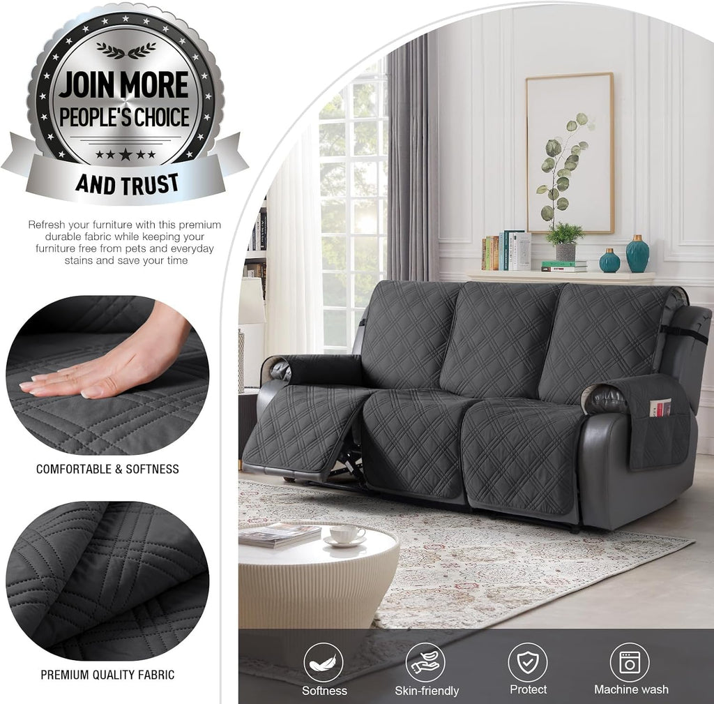 100% Waterproof Recliner Sofa Cover, Non Slip Split Couch Covers for Reclining Couches with Elastic Straps, Reclining