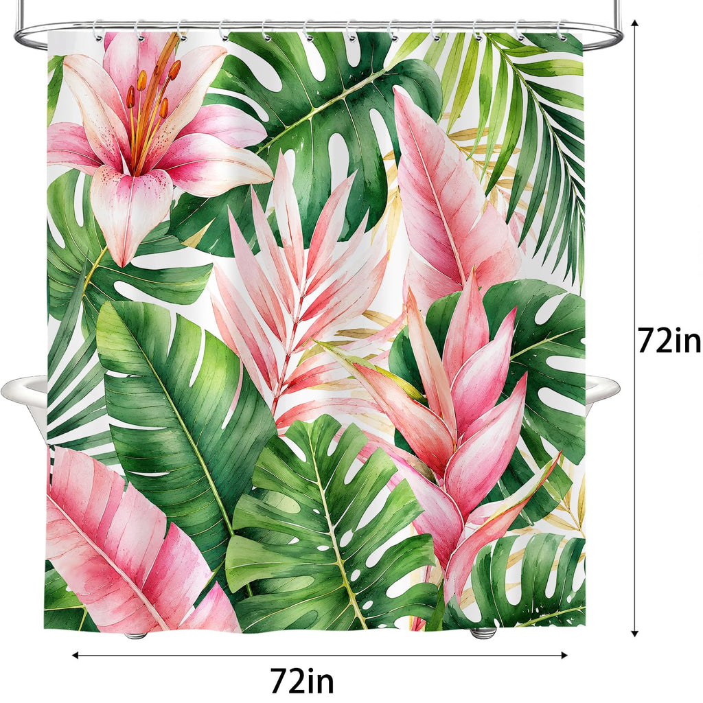 Pink and Green Tropical Shower Curtain, Botanical Palm Leaf Floral Boho Shower Curtains Set, Monstera Jungle Plant