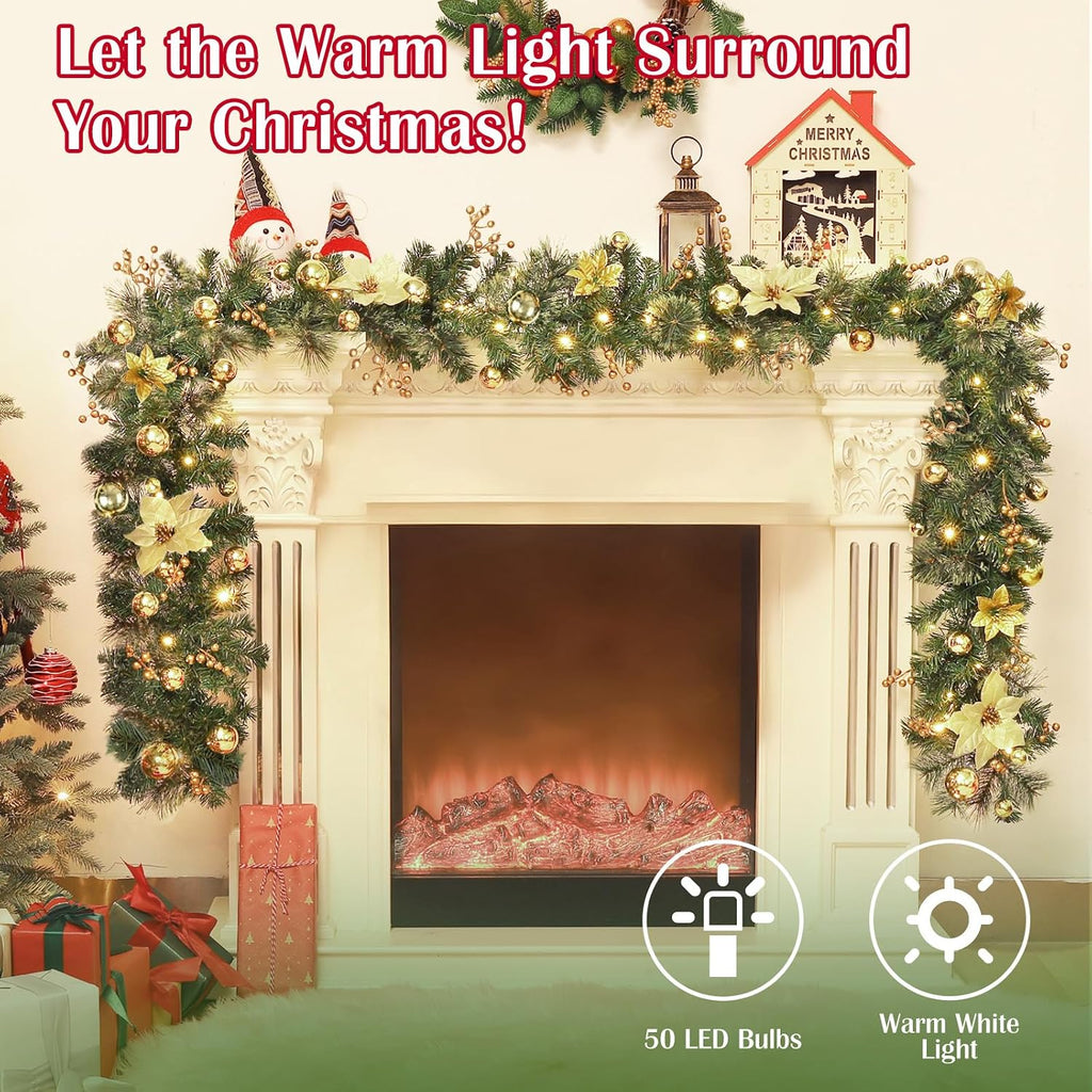 9FT Prelit Christmas Garland for Mantle, Gold Poinsettia, 50 LED