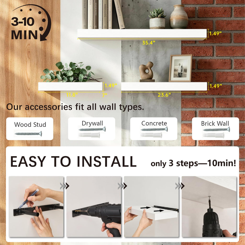 White Floating Wall Shelves, 24 Inch Shelf Set of 2