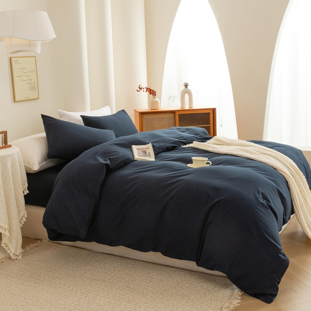 Cotton 3 Pcs Duvet Cover Set Linen Feel Navy Blue King