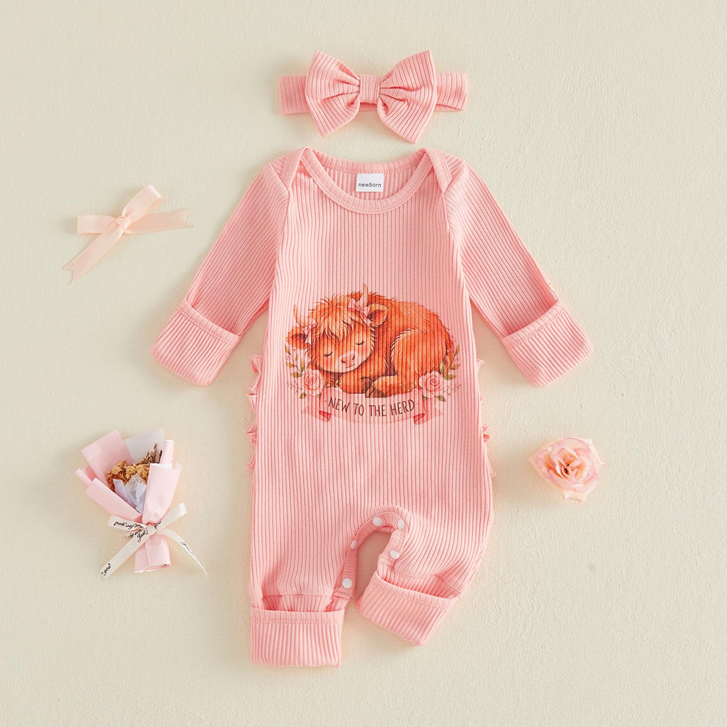 Newborn Baby Girl Clothes Western Cowgirl Jumpsuit Ribbed Knit Romper One Piece Coming Home From Hospital Outfit (B