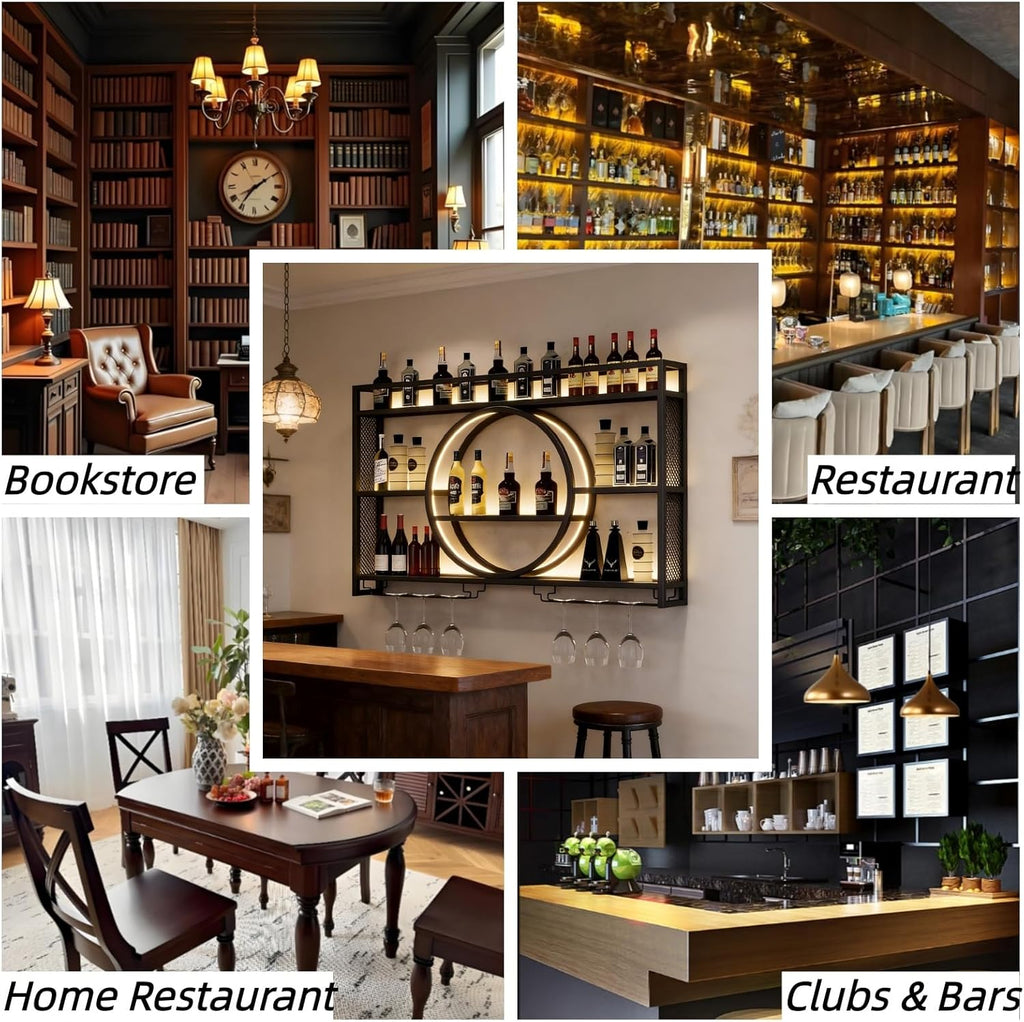 39.4" Wall Mounted Wine Rack with LED Light and Glas Holder | Industrial Metal Bar Shelf Wall Mounted Wine Rack