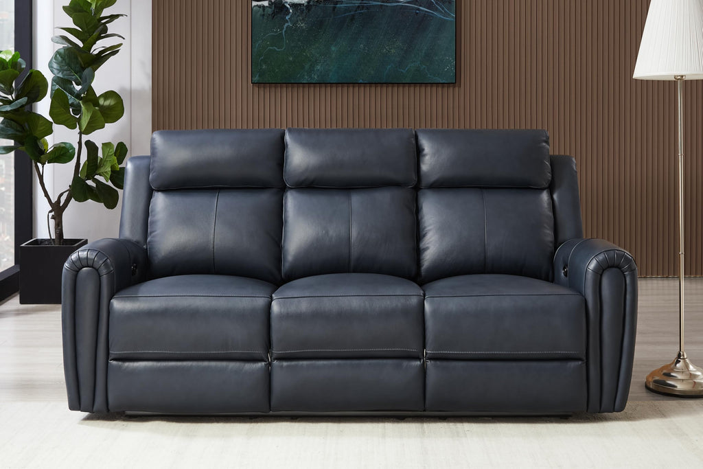 Blue Genuine Leather Power Recliner Sofa Couch with USB Port.