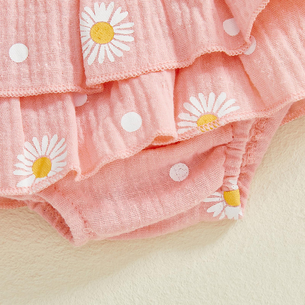 She is Here Newborn Outfit Baby Girl Clothes 0 3 6 9 12 Ruffle Sleeve Romper Headband Shorts Set (Pink, 3-6