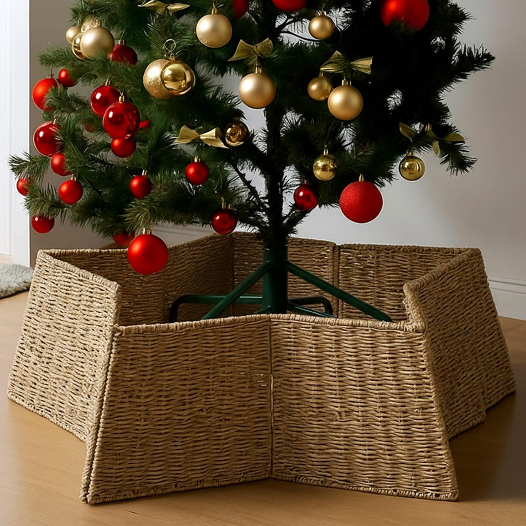 35 Inch Large Woven Christmas Tree Collar Skirt, Rattan, Star