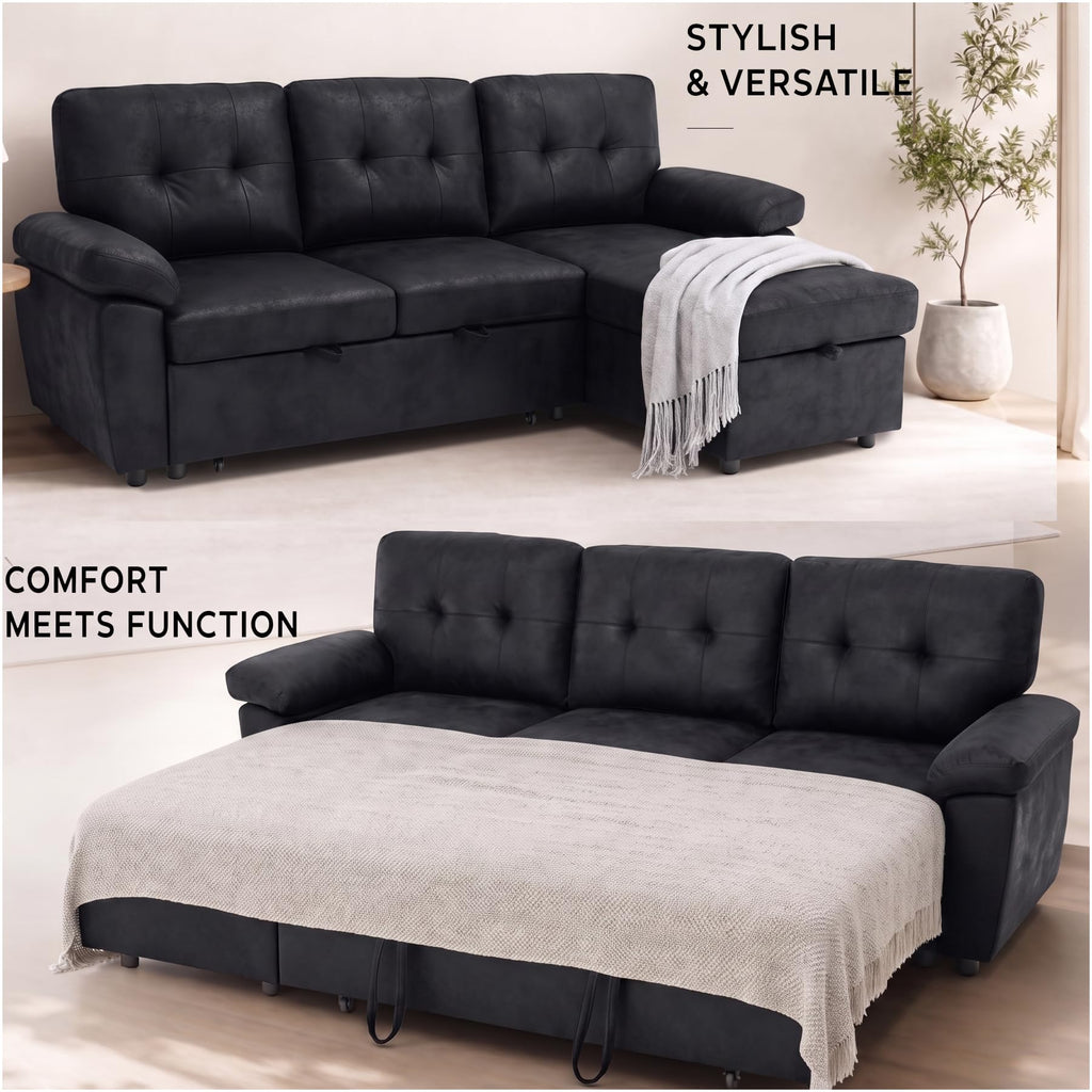 88.5" Convertible Sofa Bed with Storage Chaise, L-Shaped Sectional Sleeper Sofa with Reversible Chaise, Faux Leather