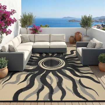 Outdoor Rug Waterproof Patio Rugs with Boho Sun Pattern, Reversible Plastic Straw Camping Rugs Outdoor Indoor RV
