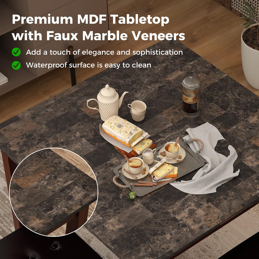 5-Piece Counter-Height Bar Table Set, Faux Marble Square Table & 4 PVC Leather Bar Stools w/Rubber Wood Legs, Modern