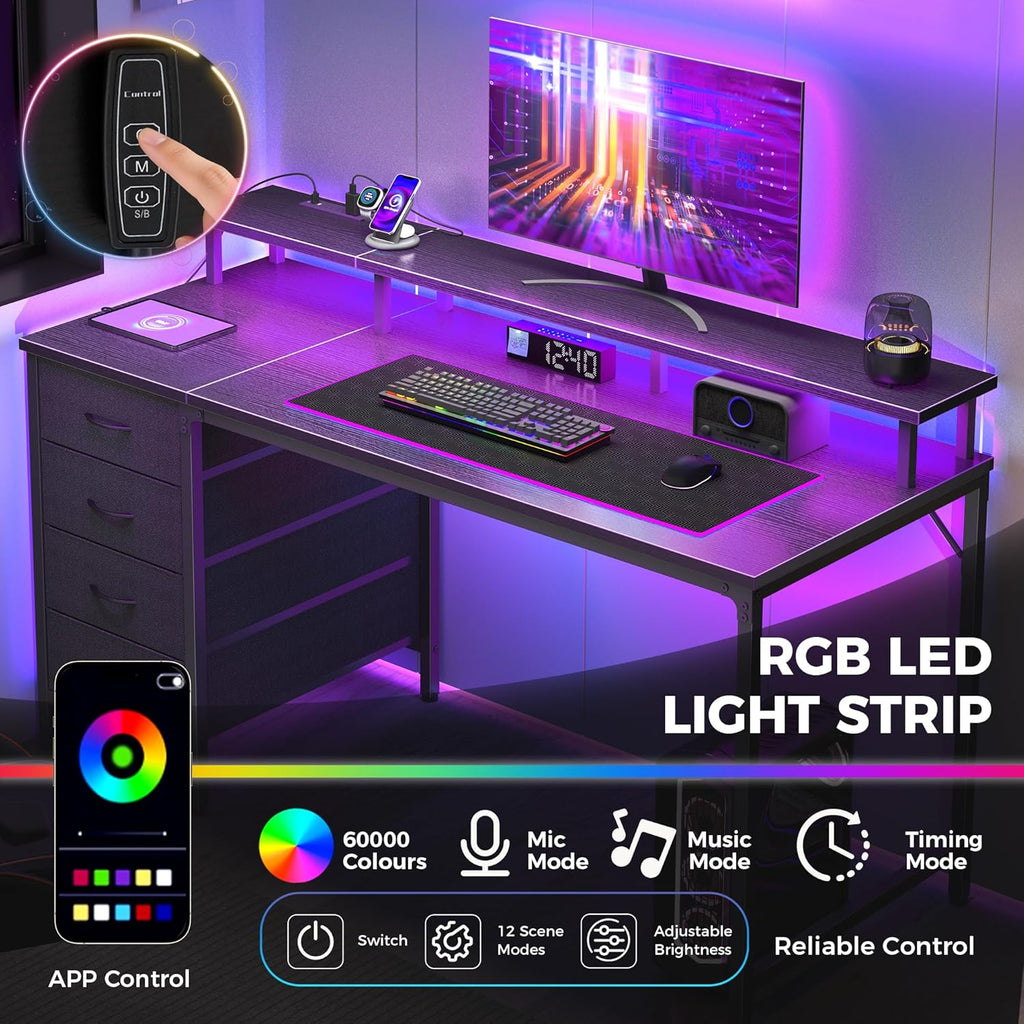 Computer Desk with 4 Drawers,4 Drawer Gaming Desk with with Power Outlets and LED Lights,Office Desk for Small Spaces