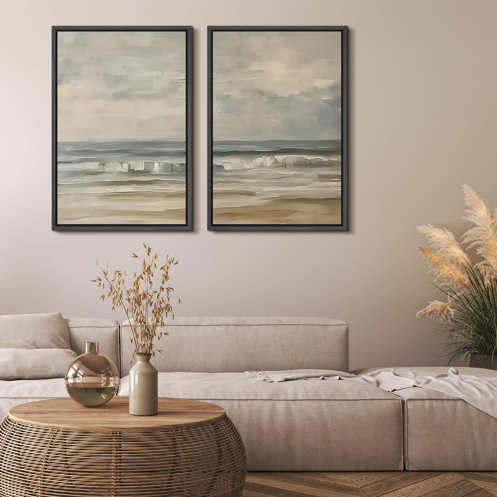 Framed Canvas Print Wall Art Set Beach Ocean with Waves and Sky, Neutral Blue and Beige Seascape Illustrations Modern