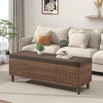 51" Storage Ottoman Bench, Fluted Wooden End of Bed Storage Bench with Leather Upholstererd, Mid-Century Modern