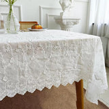 Beige Floral Embroidered Lace Tablecloth, Elegant Scalloped Edge Design, Vintage Farmhouse Style, Pi