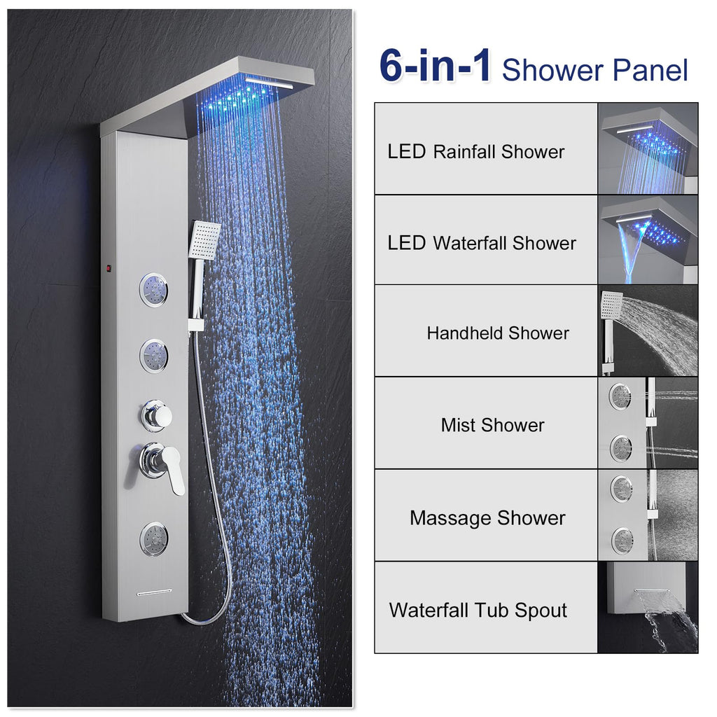 6-in-1 LED Rainfall Waterfall Shower Panel Tower System, Brushed