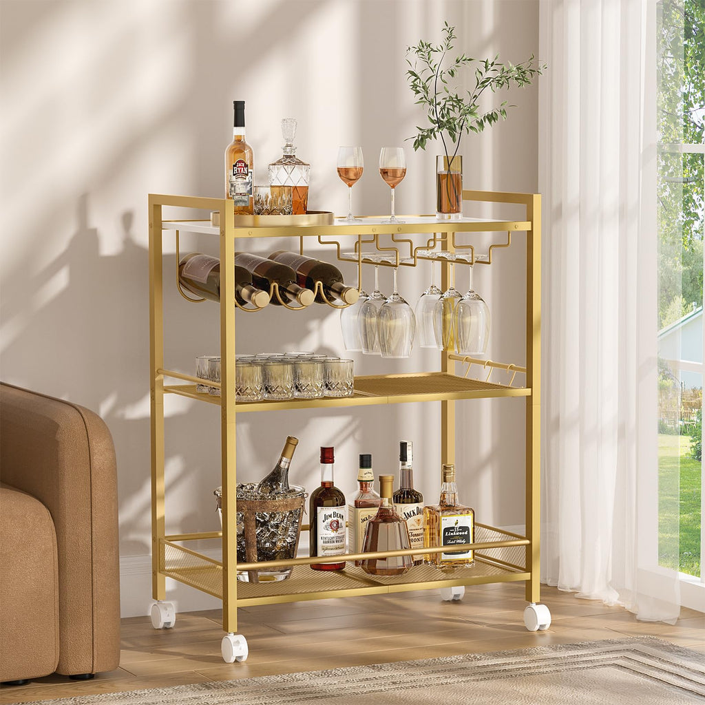 Bar Cart, 3-Tier Home Bar Serving Cart with Lockable Wheels, Gold