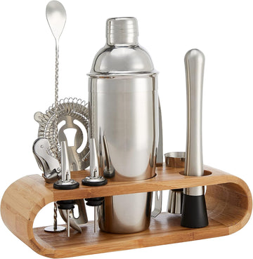10-Piece Stainless Steel Cocktail Shaker Bar Tool Set with Bamboo Stand Holder, Home Bar Drink Mixing Accessories - Set of 10