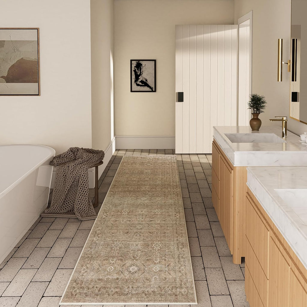 Machine Washable Runner Rugs : 2'6"x8' Kitchen Runner Rug with Rubber Backing Non Slip Low Pile Soft Faux Wool Boho