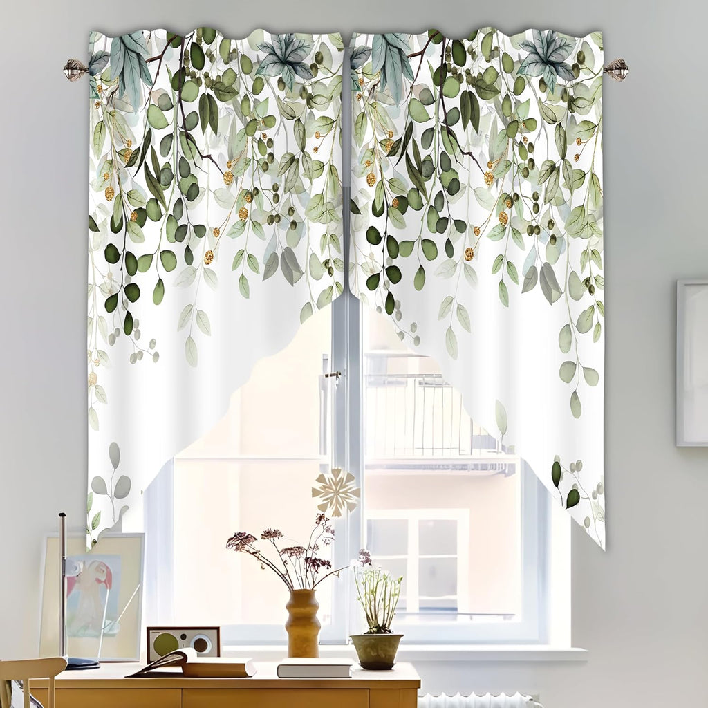 Sage Green Eucalyptus Swag Curtain Valance for Windows,Watercolor Leaves Window Treatments Short Swag Topper for Kitchen Windows Bathroom Bedroom,28 x 36 Inch, 1 Pair