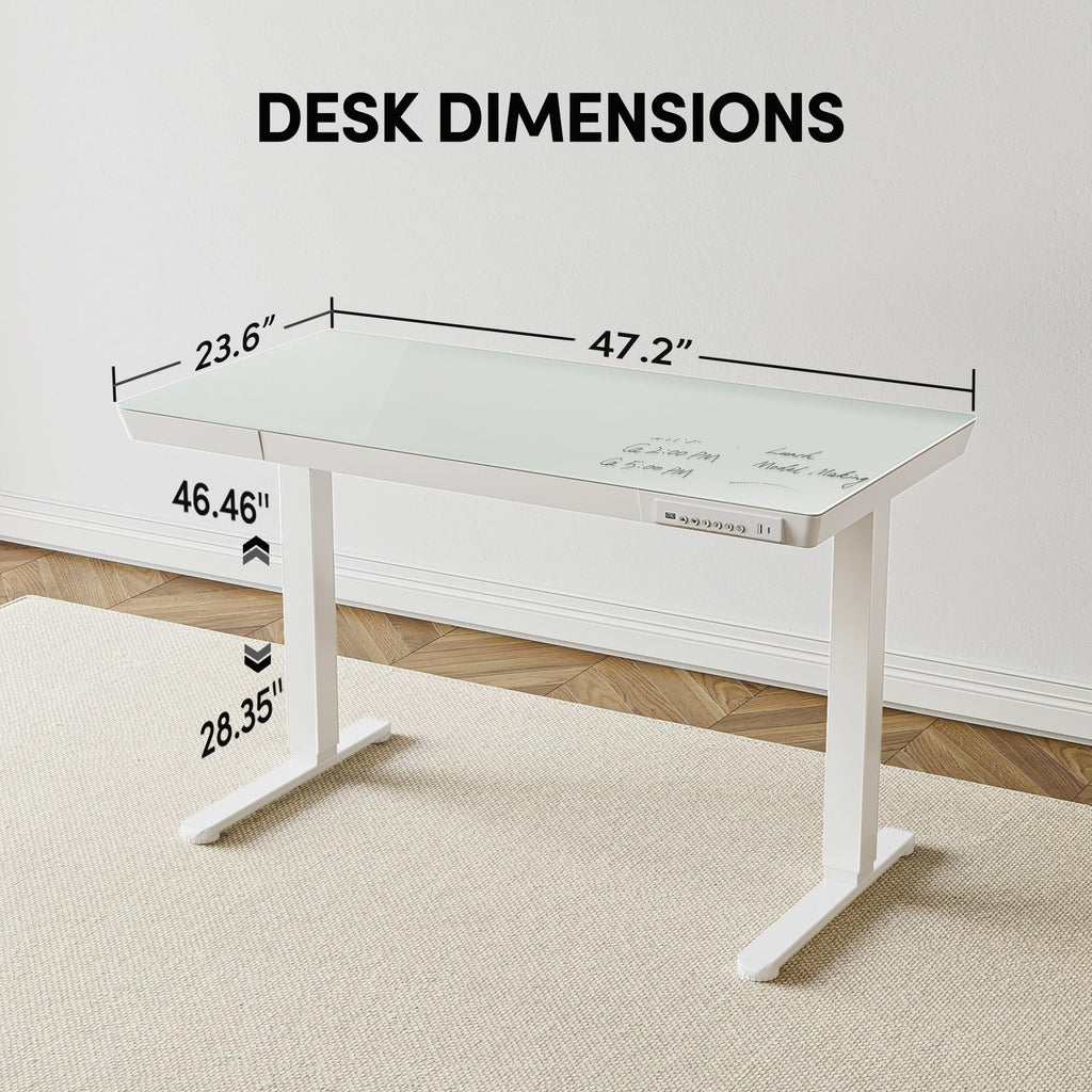 48 Inch One-Piece Standing Desk with Glass Top and Drawer, White