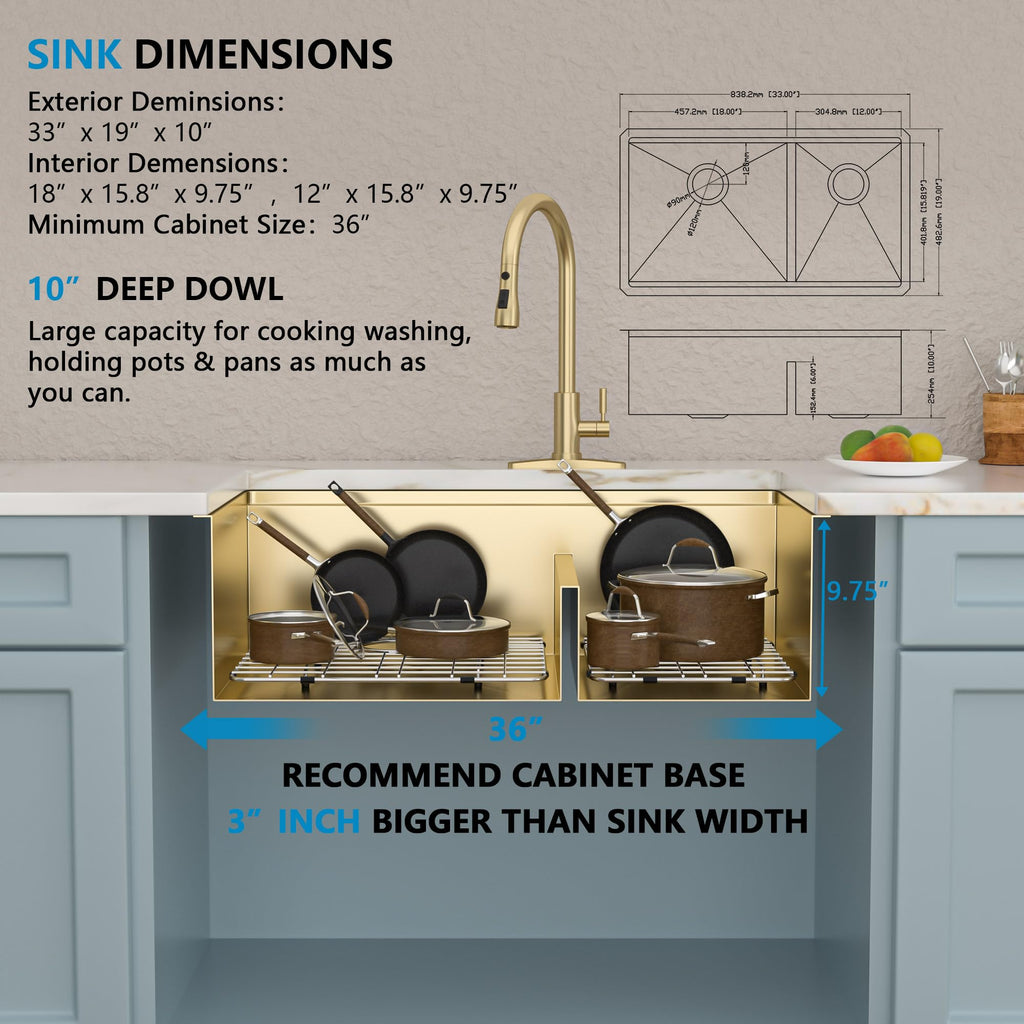 33"x19" Undermount Gold Double Bowl Kitchen Sink Workstation
