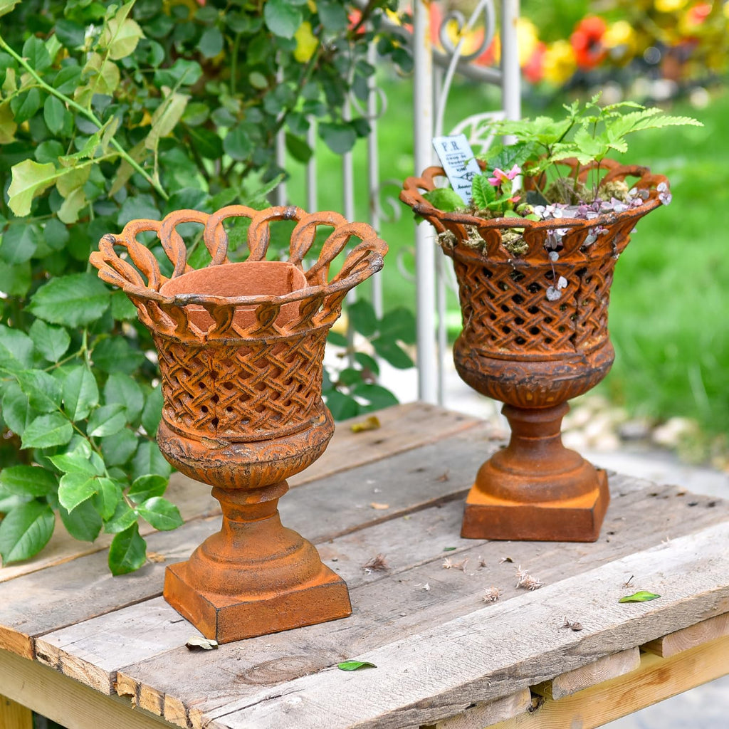 Cast Iron Rust Urn Planter - 10 Inches Hollow Trophy-Shaped Design