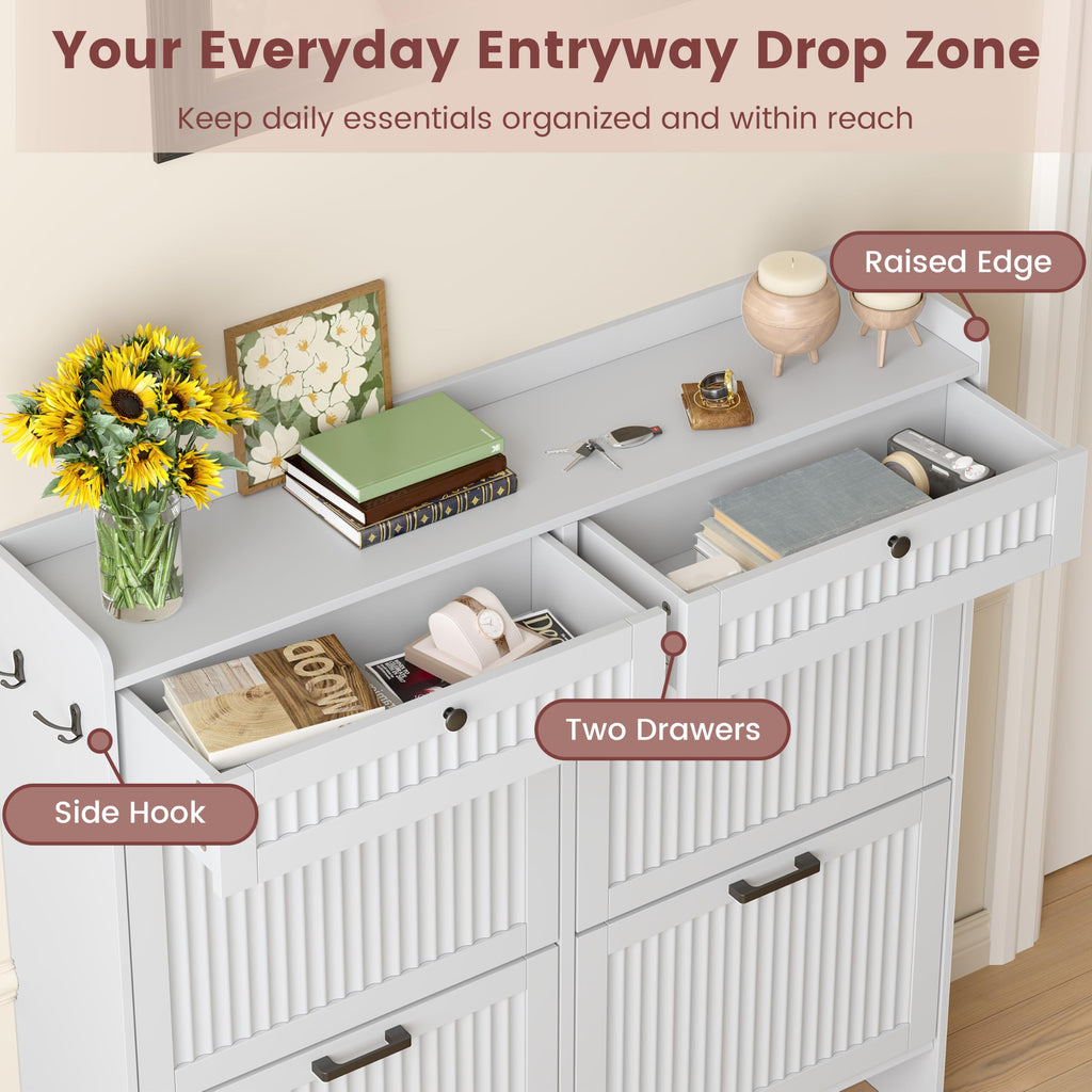 Fluted Shoe Cabinet, 4 Flip & 2 Top Drawers, White