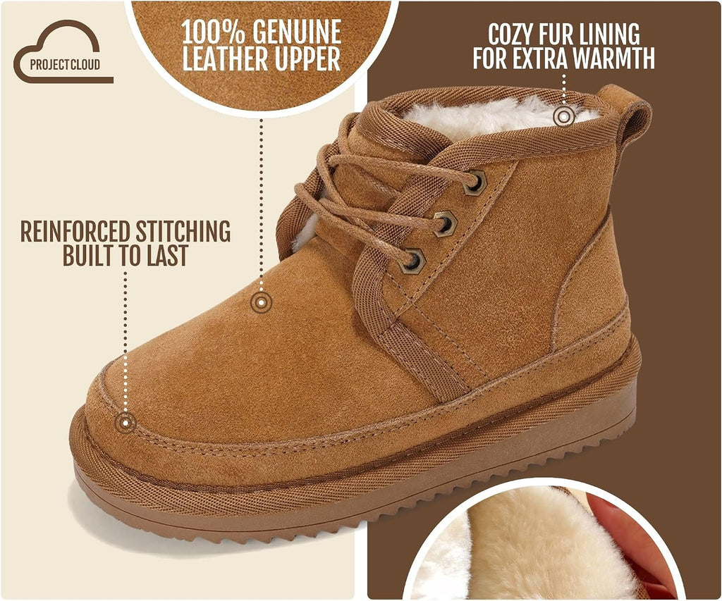 Genuine Leather Kids Boots Natural Fur-Lined Ankle Boots for Girls & Boys