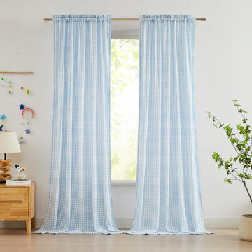Blue White Buffalo Plaid Sheer Curtains 90 Inches Long