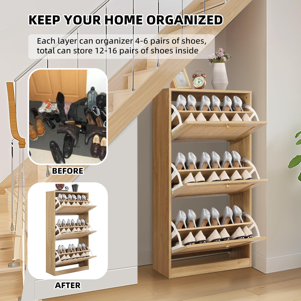 3 Tier Shoe Cabinet with Natural Rattan Flip Drawers, Free Standing Slim Shoe Storage Organizer with Large Top