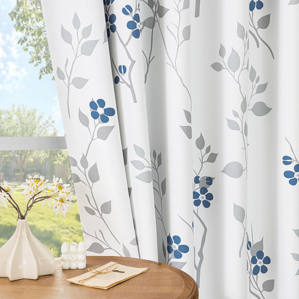 Floral 100% Blackout Sliding Door Curtains Blue Grey 100x84 1 Set