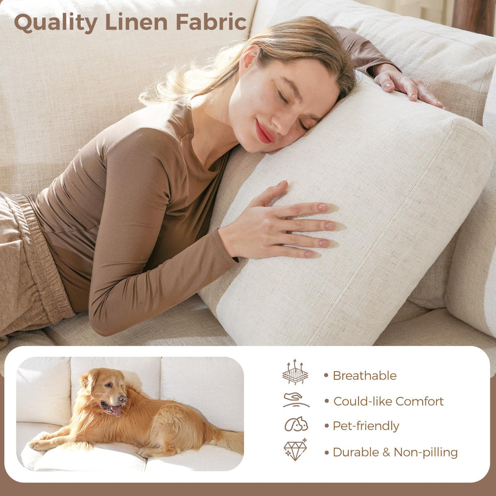 85" Modern Couches, Natural Linen 3 Seat Sofa, Comfy Deep Seat Sofa, Spring Cushions, Removable Cover, Solid Wood