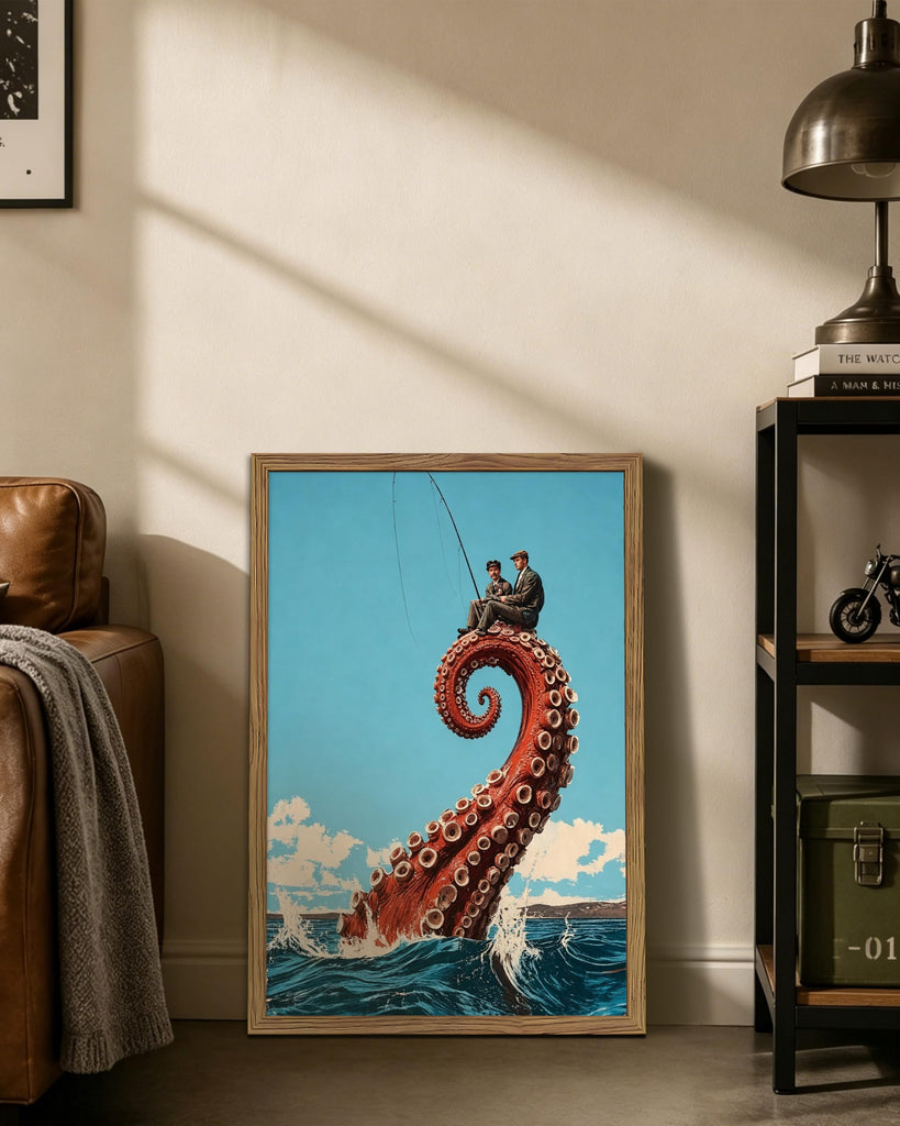 Framed Funny Octopus Canvas Wall Art Print Picture, Whimsical Sea Life Wall Decor Painting, Surreal Fisherman Sitting
