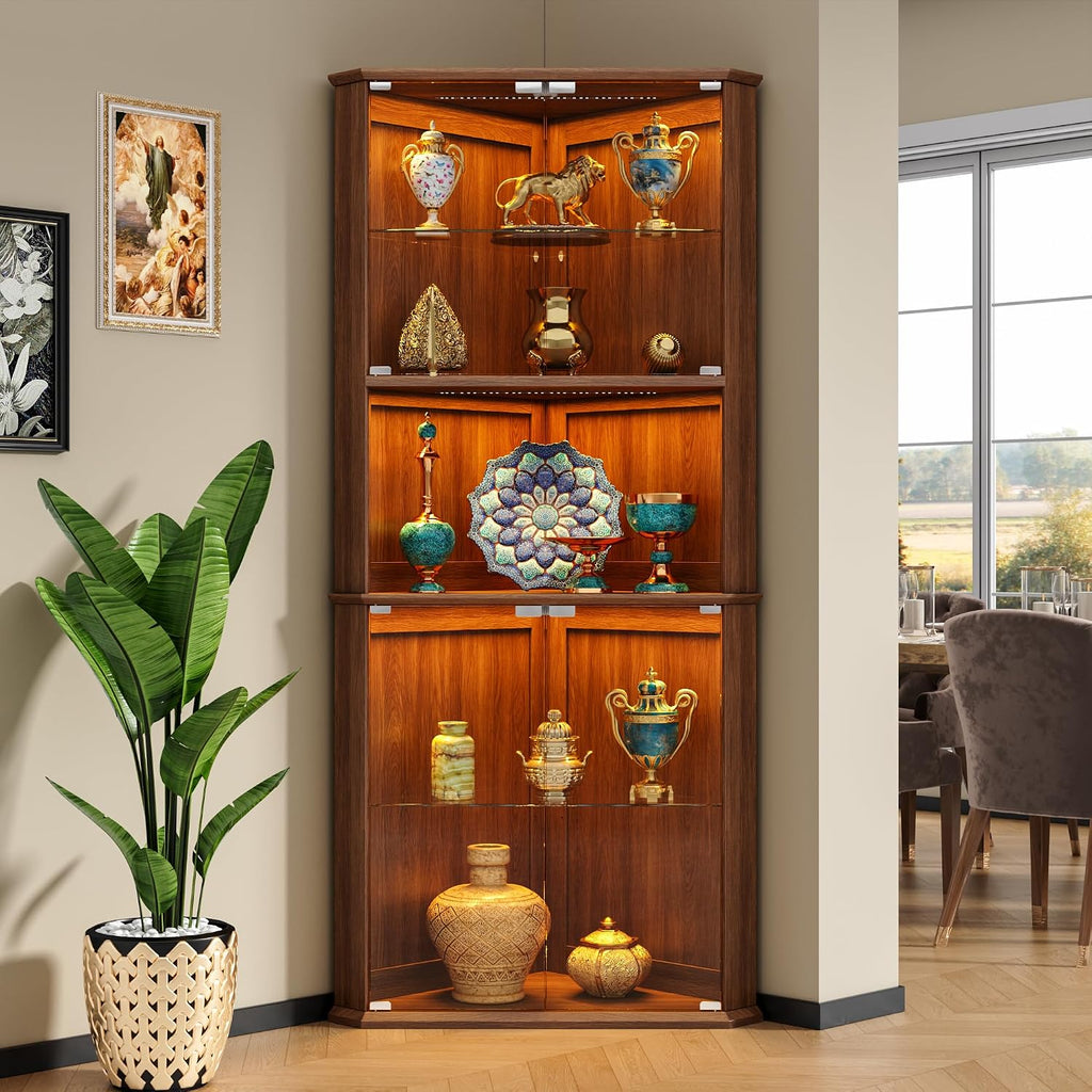 72" Corner Curio Cabinet with RGB LED Lights, 6-Tier Glass Display Cabinet with Adjustable Shelves, Lighted Corner