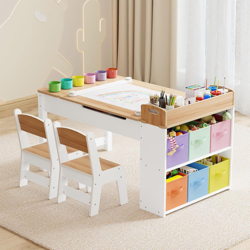 Kids Art Table and Chair Set with 2 Chair & Bins, 44" L x 24" W, Natural