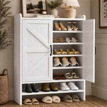 Shoe Cabinet with 2 Barn Doors, 5-Tier Modern Shoe Storage Cabinet, White