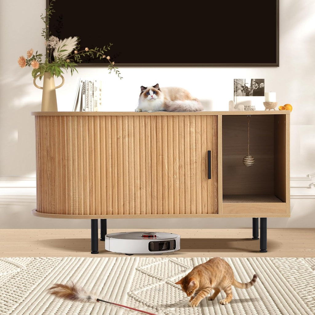 Fluted Cat Litter Box Enclosure, 37.4" Large Hidden Litter Box Furniture, Wooden Litterbox Cabinet with Cat Scratch